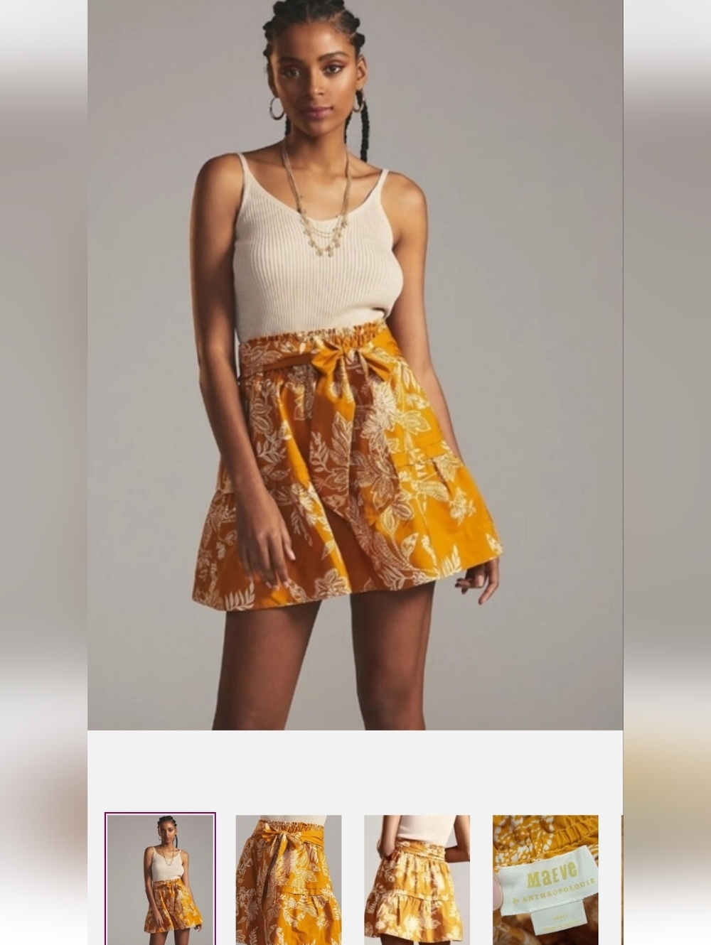 Anthropologie White Floral Tiered Mini Skirt in Mustard Orange